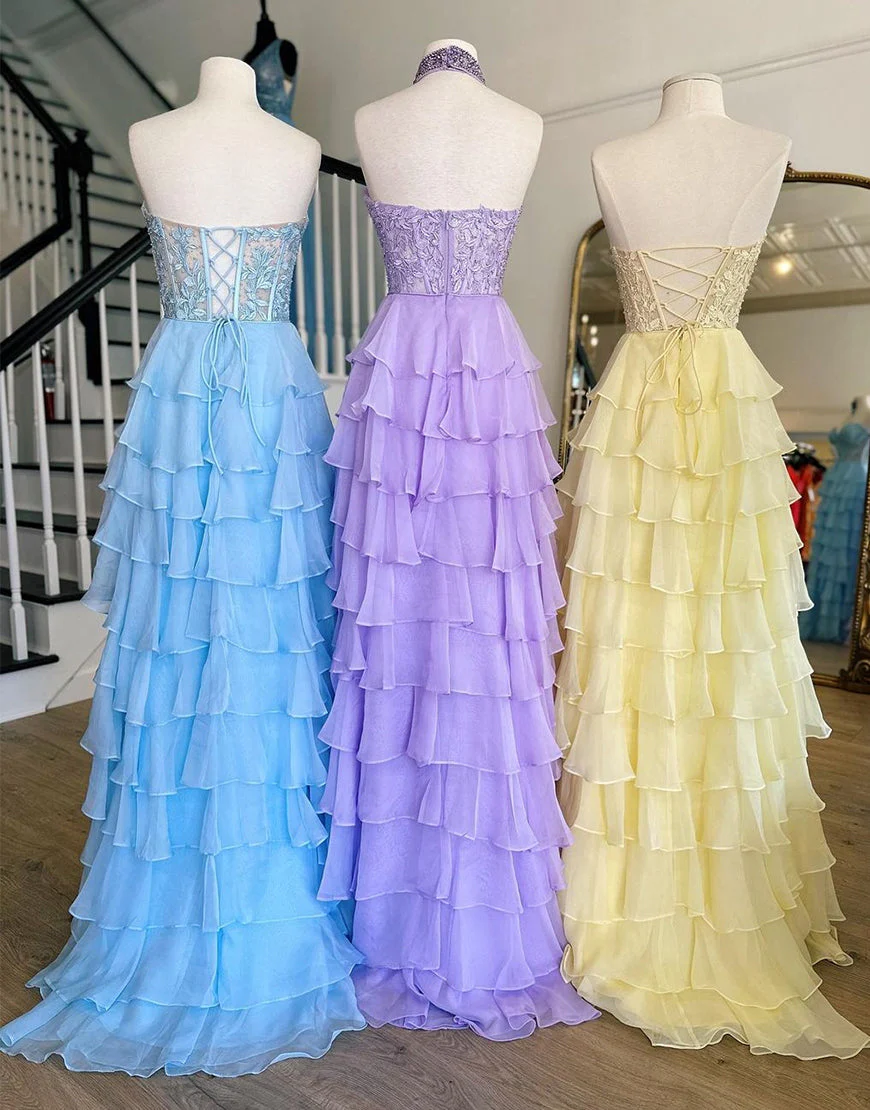 Robe de bal trapèze fendue avec appliques et volants en cascade – Image 7