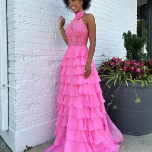 Robe de bal trapèze fendue avec appliques et volants en cascade