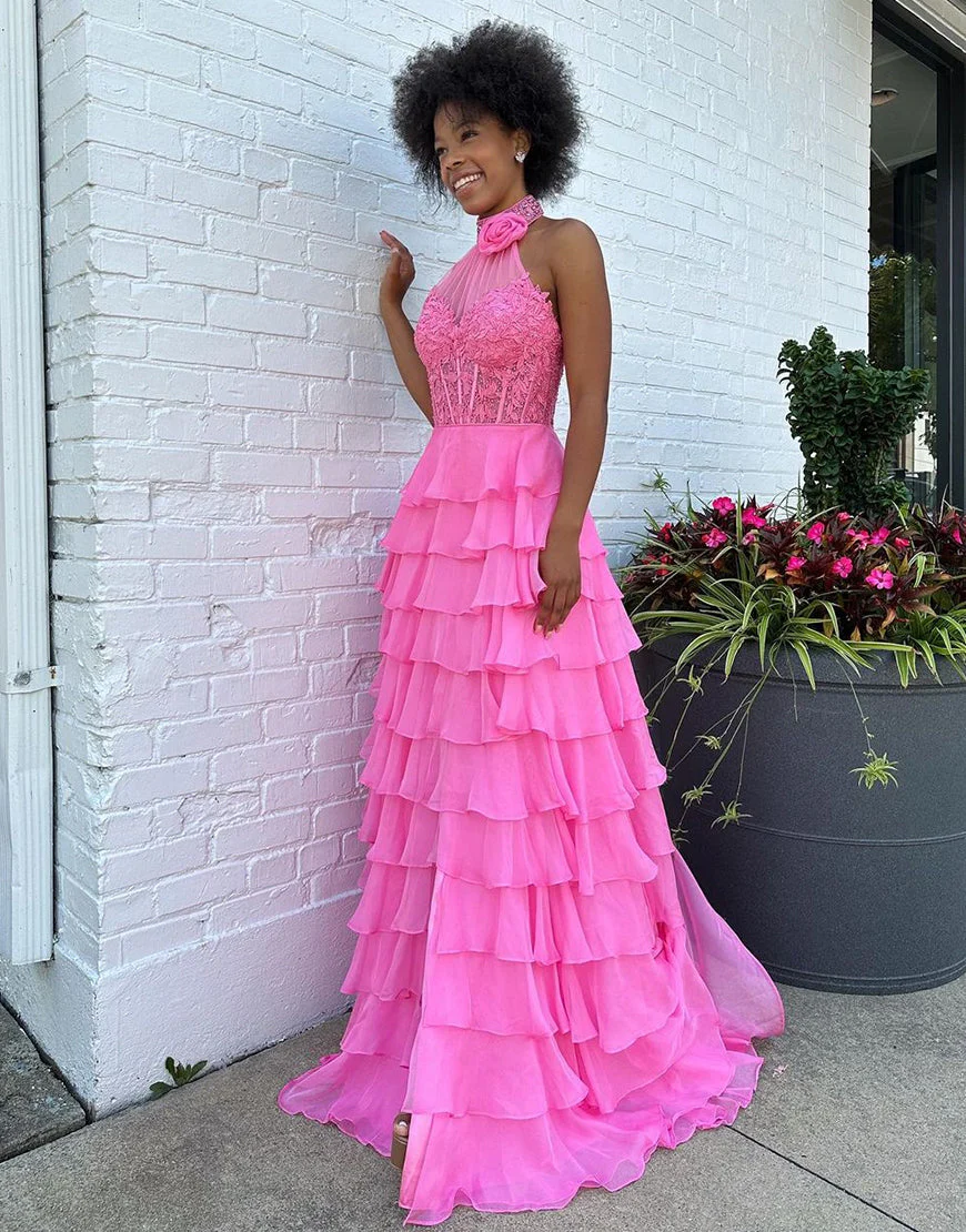 Robe de bal trapèze fendue avec appliques et volants en cascade