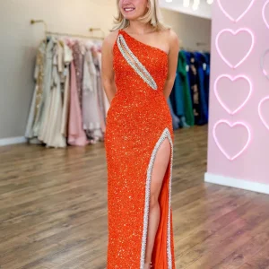 Robe de bal longue sirène ajourée à une épaule orange avec paillettes et fente