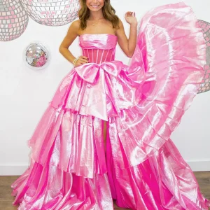 Robe de bal longue bustier rose chic avec nœud et corset à plusieurs niveaux