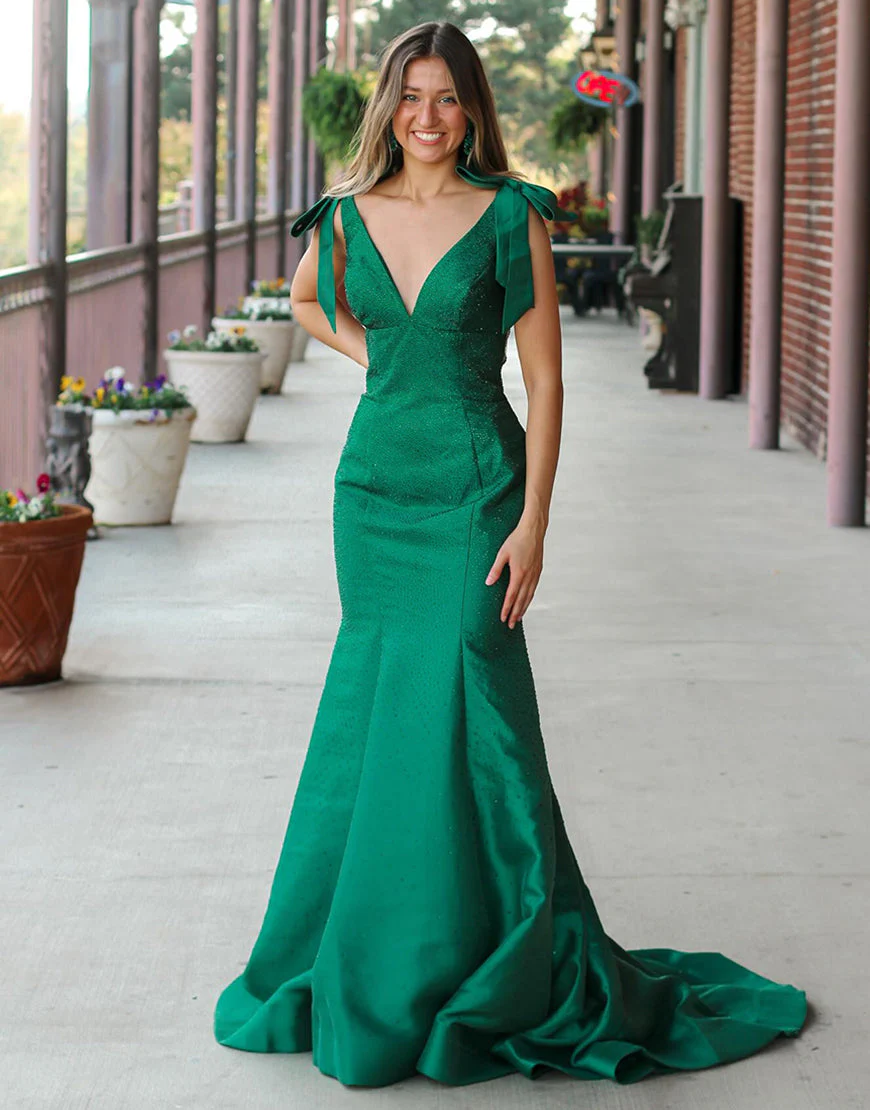 Robe de bal jaune sirène avec col en V et traîne – Image 5