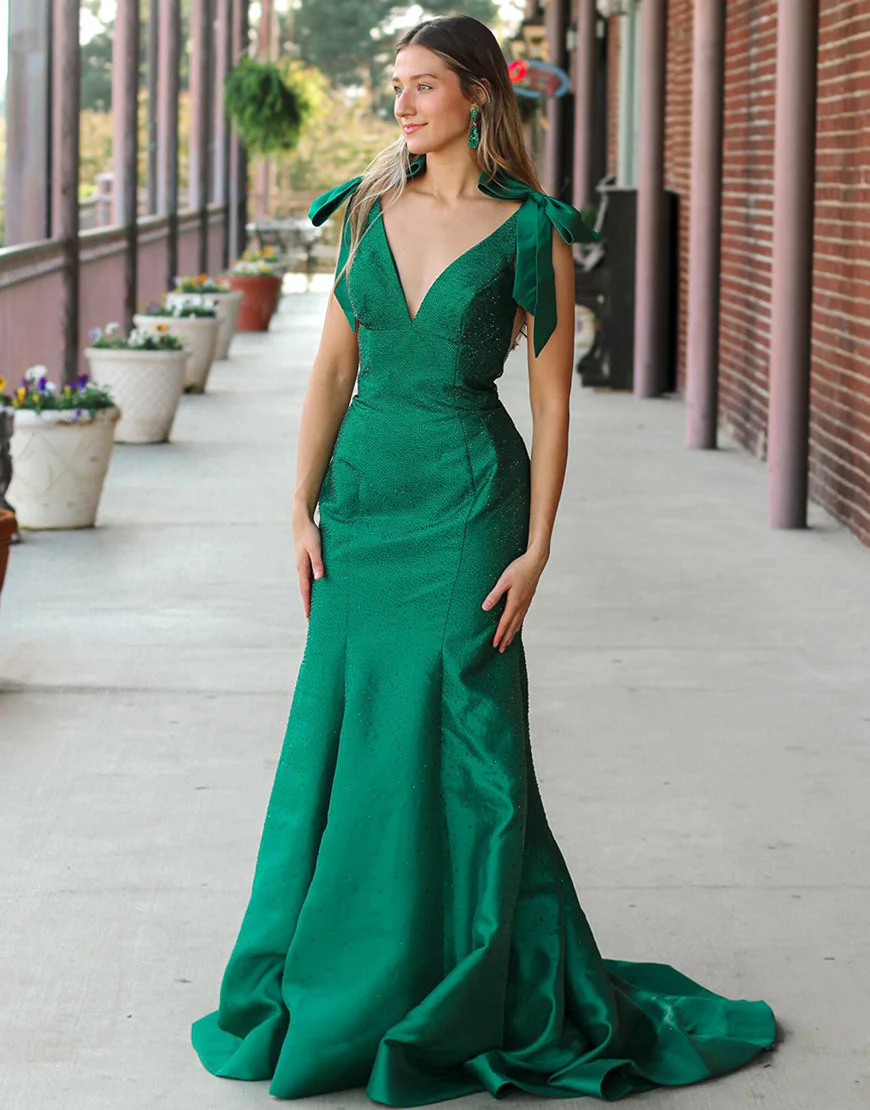 Robe de bal jaune sirène avec col en V et traîne – Image 6