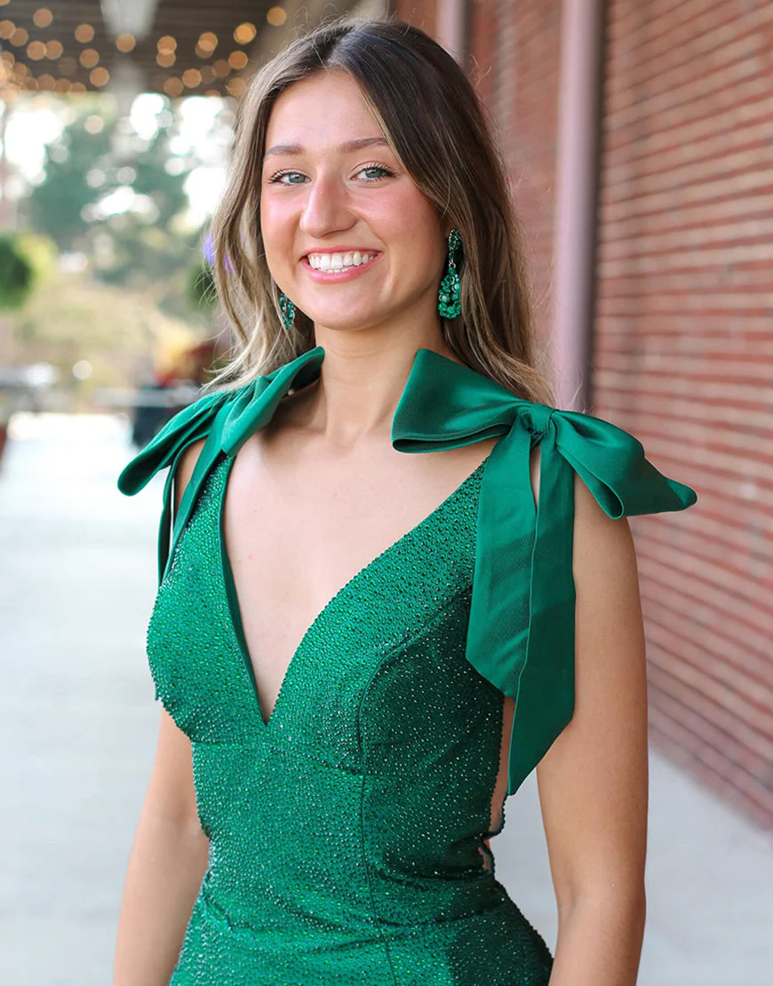 Robe de bal jaune sirène avec col en V et traîne – Image 7