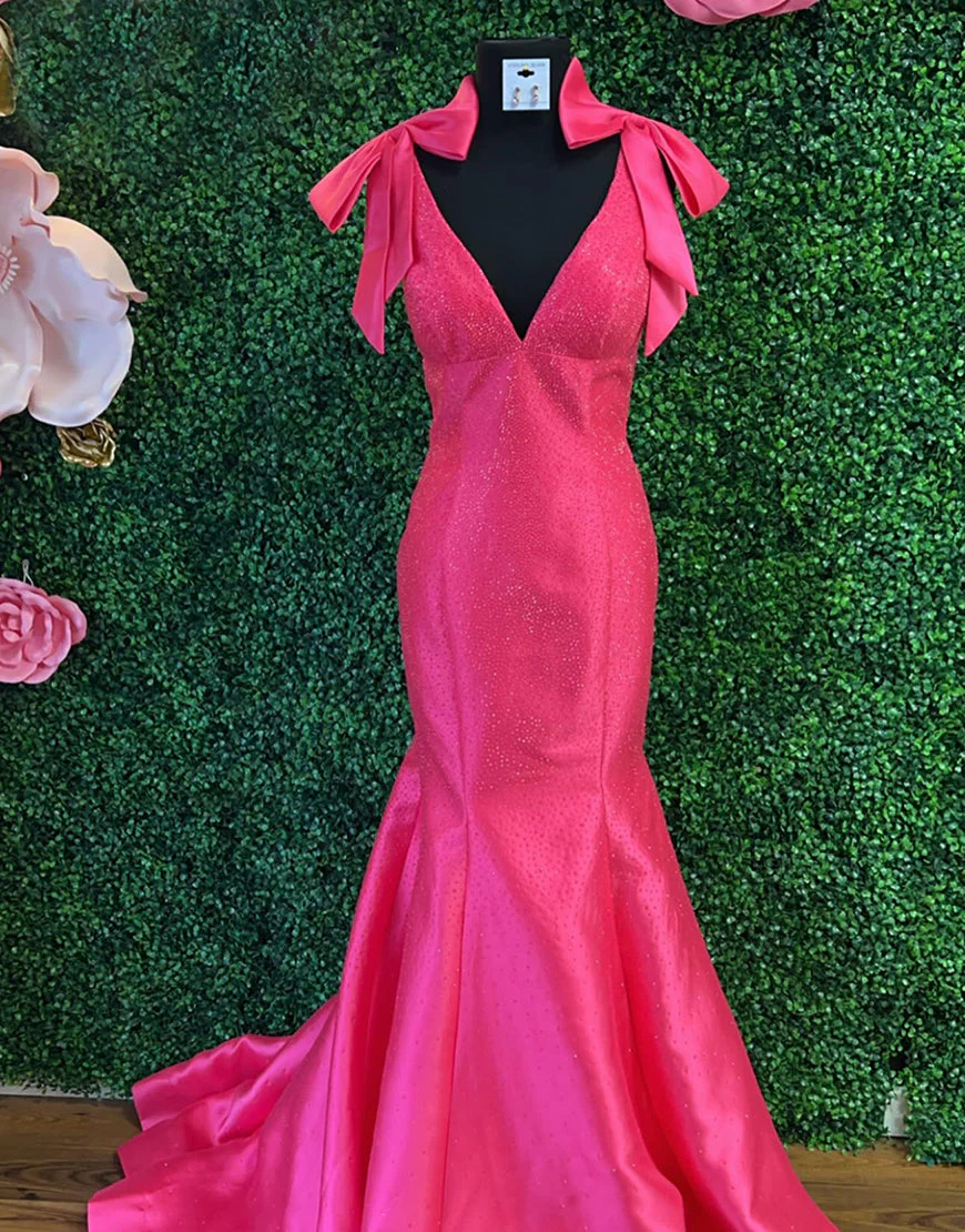 Robe de bal jaune sirène avec col en V et traîne – Image 8