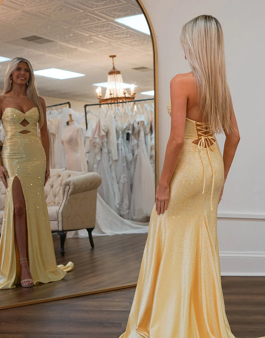 Robe de bal longue à découpes en cœur et sirène avec cristaux – Image 8