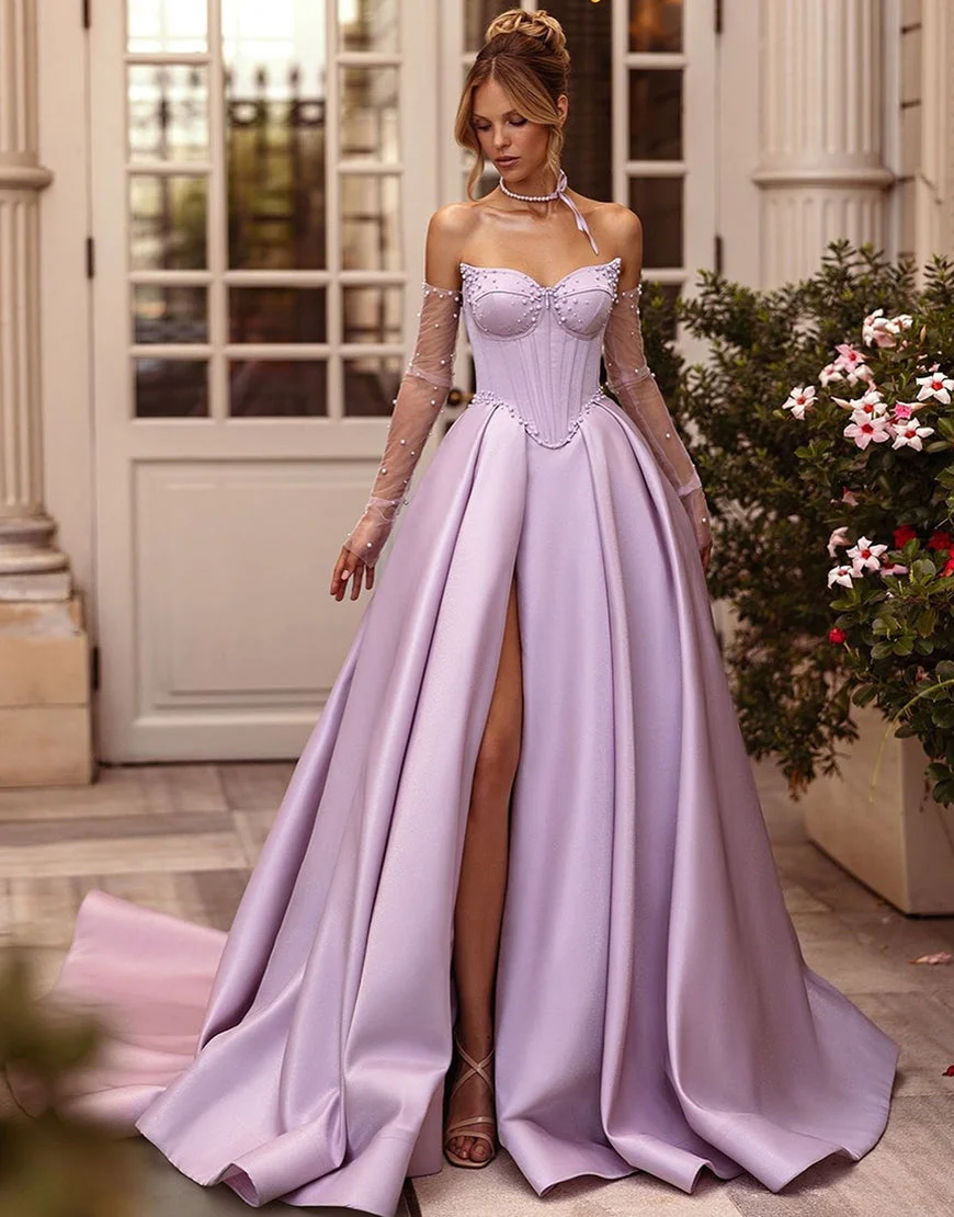Robe de bal longue en satin lilas avec décolleté en cœur et fente sur le devant – Image 2