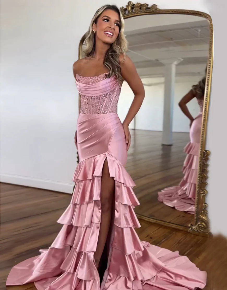 Robe de bal longue en satin sans bretelles à volants et à paillettes – Image 5