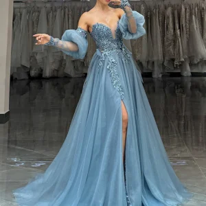 Robe de bal longue en tulle à décolleté en cœur gris bleu scintillant avec appliques