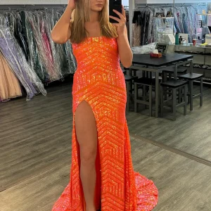 Robe de bal longue à paillettes orange scintillantes et fente