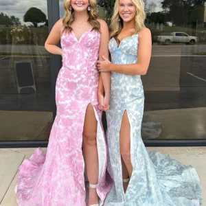 Robe de bal sirène longue rose à appliques et spaghetti avec corset et fente