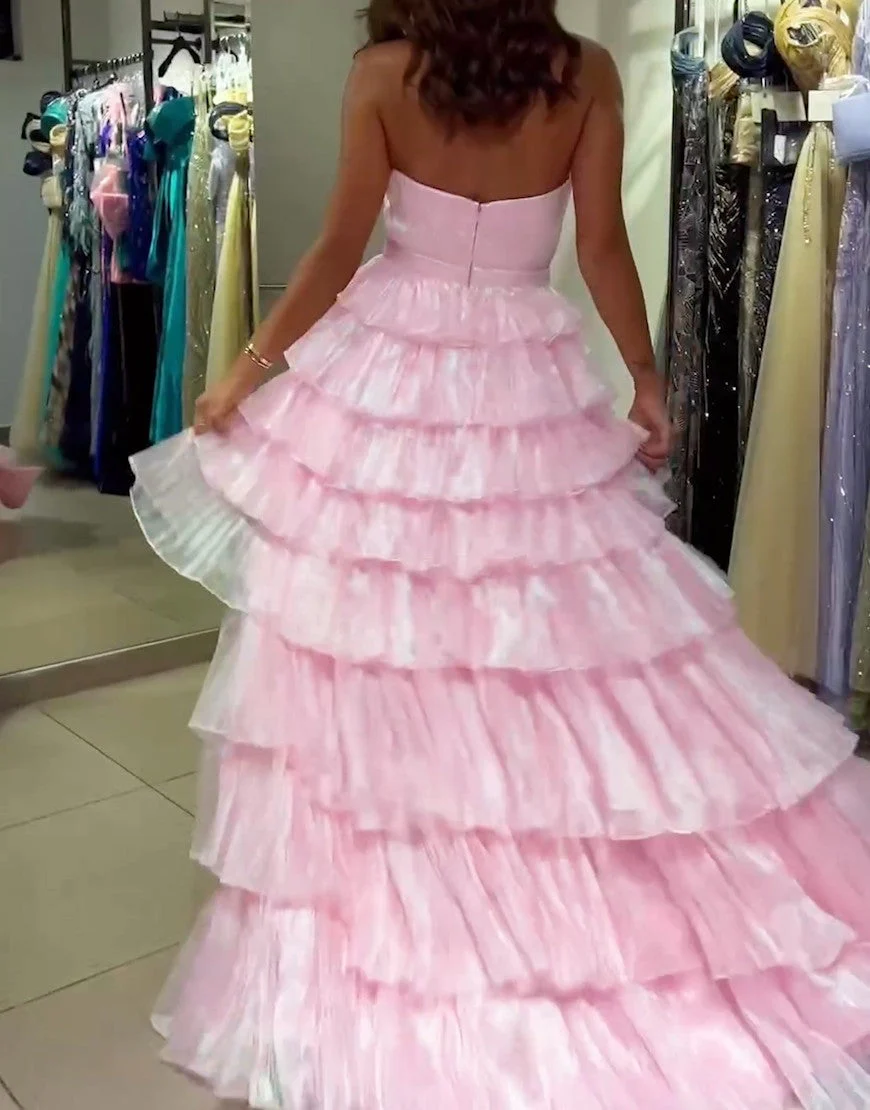 Robe de bal trapèze rose à col en V et traîne longue en tulle – Image 3