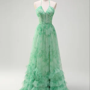 Robe de bal longue à volants et imprimé floral vert avec col licou et fente