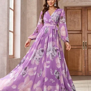 Robe de bal violette à imprimé floral, coupe A, col en V, manches longues, avec ceinture