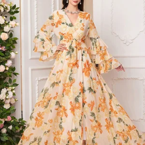 Robe de bal jaune à volants, coupe trapèze, col en V, manches longues, imprimée, avec ceinture