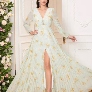 Robe de bal imprimée vert clair à col en V et coupe trapèze avec longueur au sol