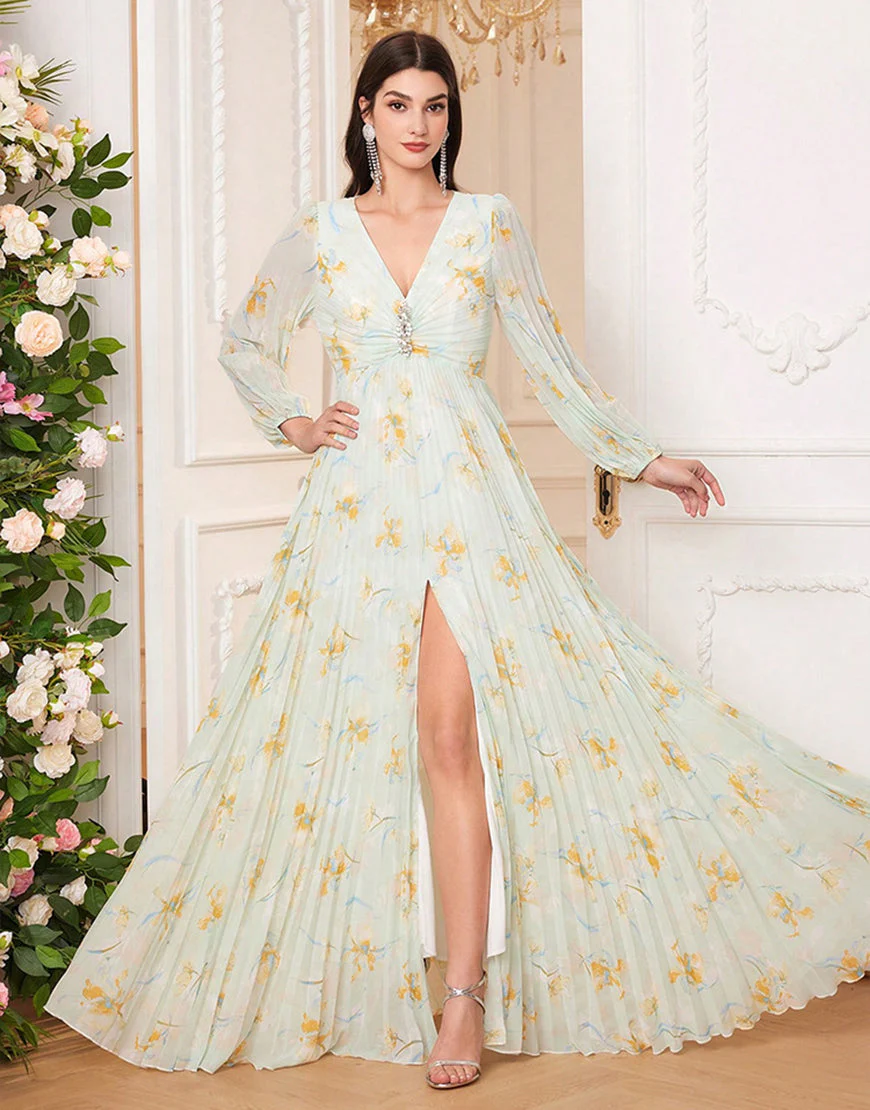 Robe de bal imprimée vert clair à col en V et coupe trapèze avec longueur au sol – Image 2