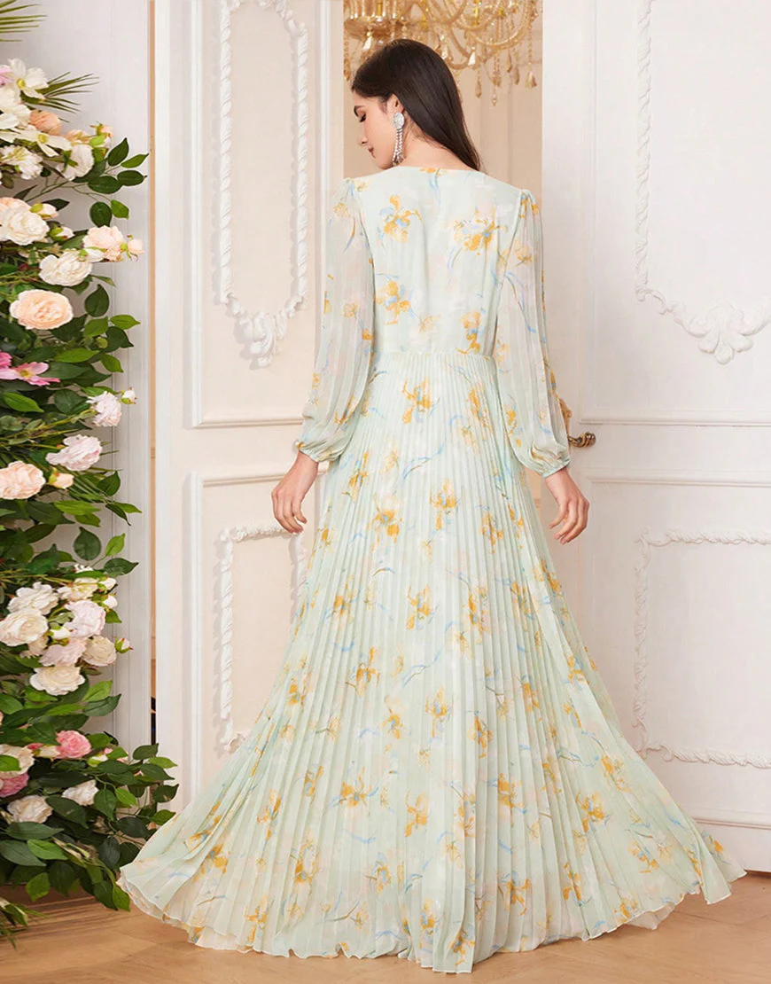 Robe de bal imprimée vert clair à col en V et coupe trapèze avec longueur au sol – Image 3