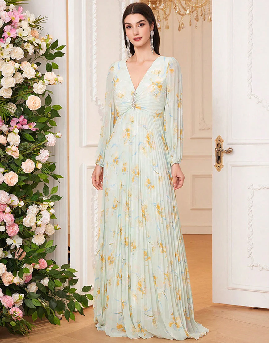 Robe de bal imprimée vert clair à col en V et coupe trapèze avec longueur au sol – Image 5