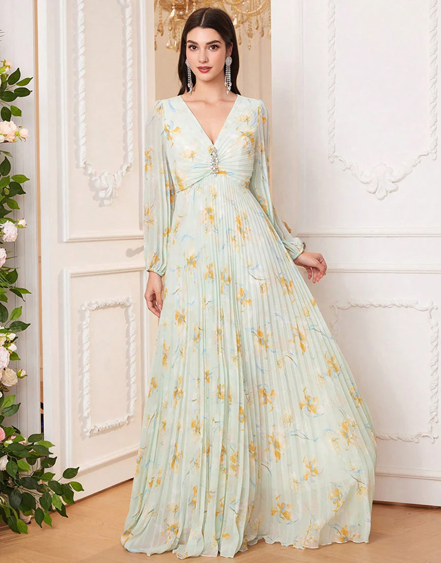 Robe de bal imprimée vert clair à col en V et coupe trapèze avec longueur au sol – Image 6