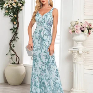 Robe de bal sirène bleue à col en V et paillettes appliquées avec longueur au sol