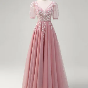 Robe de bal longue en dentelle à col en V et coupe A-Line Blush