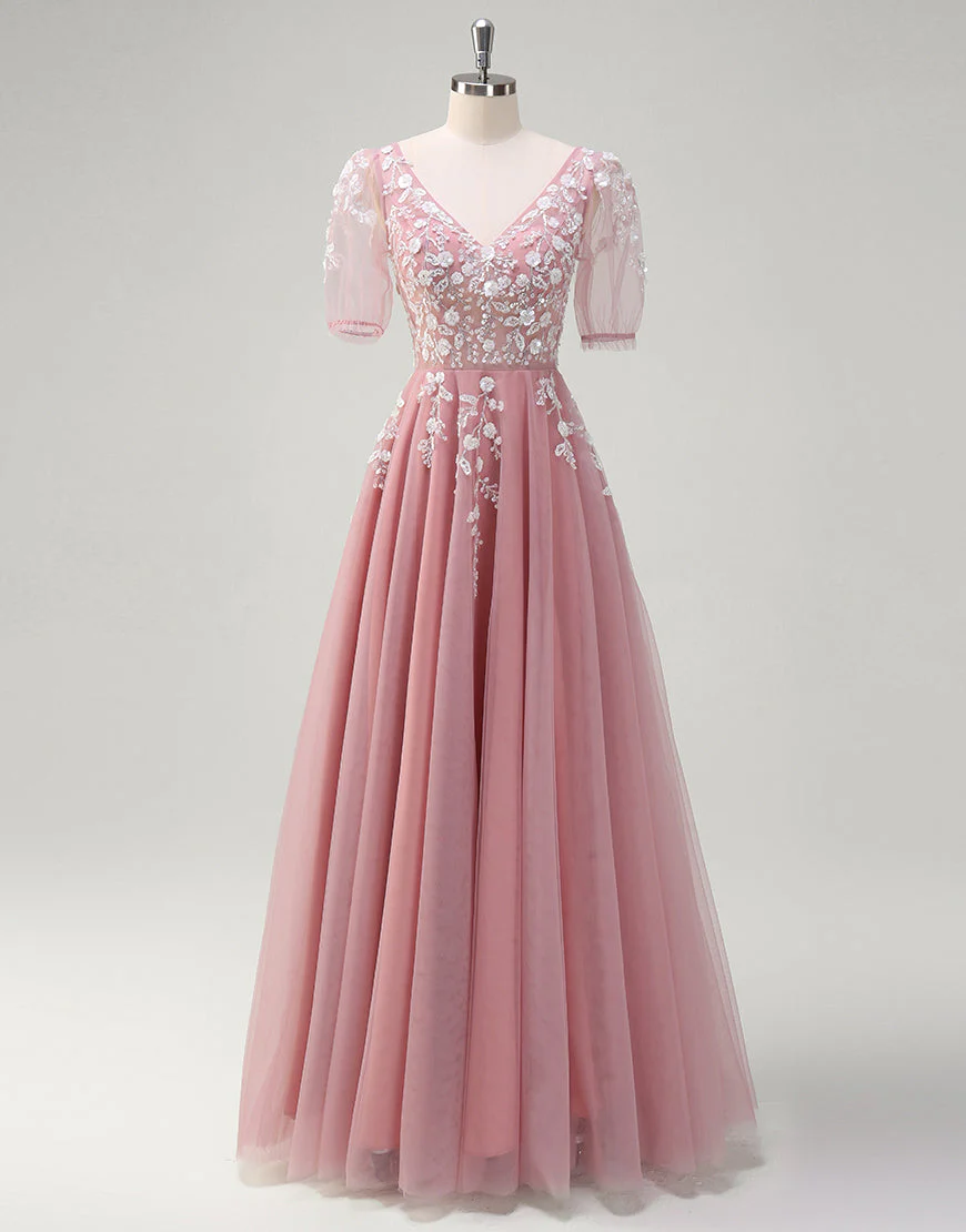 Robe de bal longue en dentelle à col en V et coupe A-Line Blush – Image 2