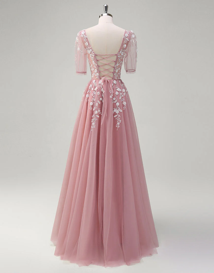 Robe de bal longue en dentelle à col en V et coupe A-Line Blush – Image 3