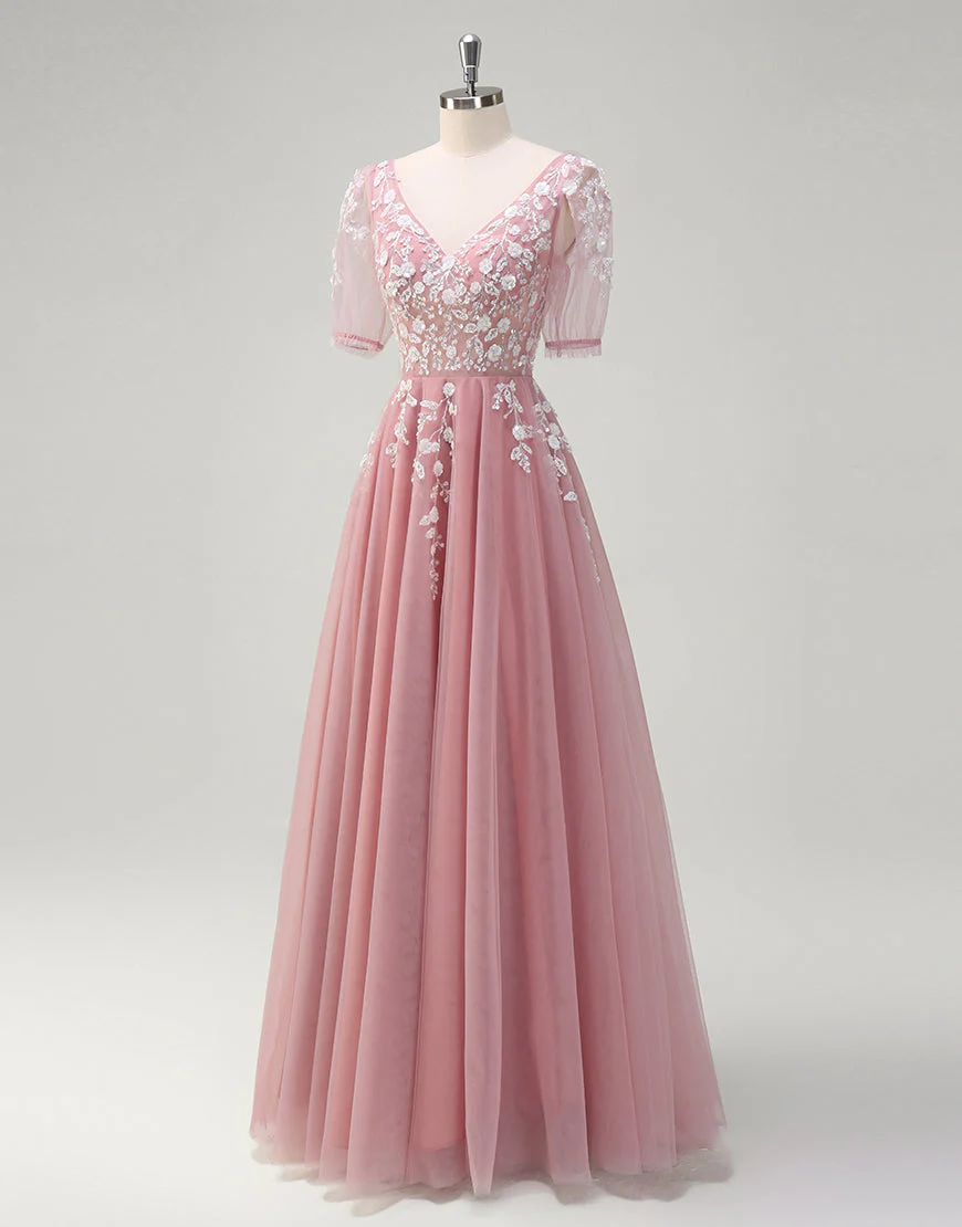 Robe de bal longue en dentelle à col en V et coupe A-Line Blush – Image 4