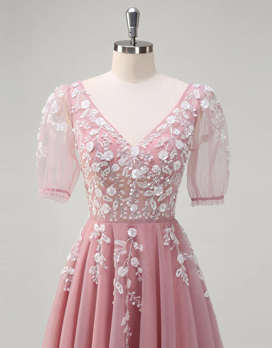 Robe de bal longue en dentelle à col en V et coupe A-Line Blush – Image 5
