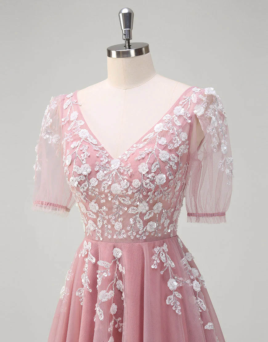 Robe de bal longue en dentelle à col en V et coupe A-Line Blush – Image 6