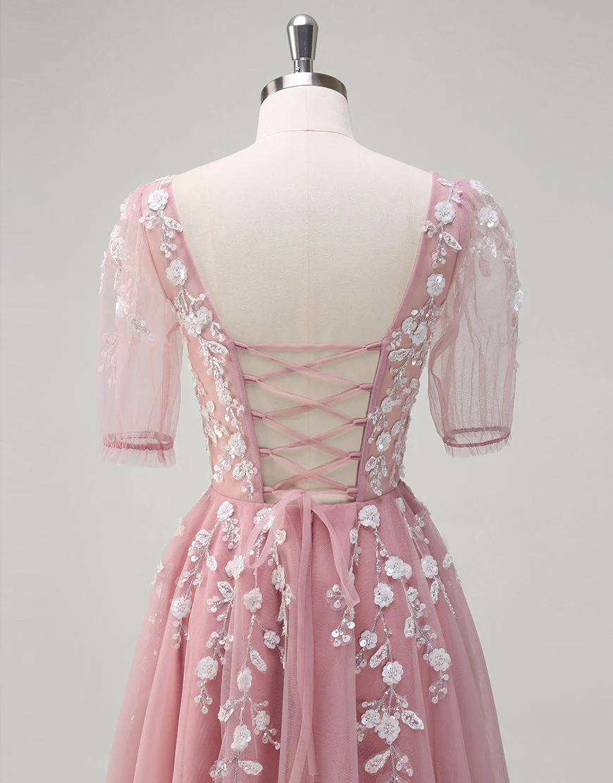 Robe de bal longue en dentelle à col en V et coupe A-Line Blush – Image 7