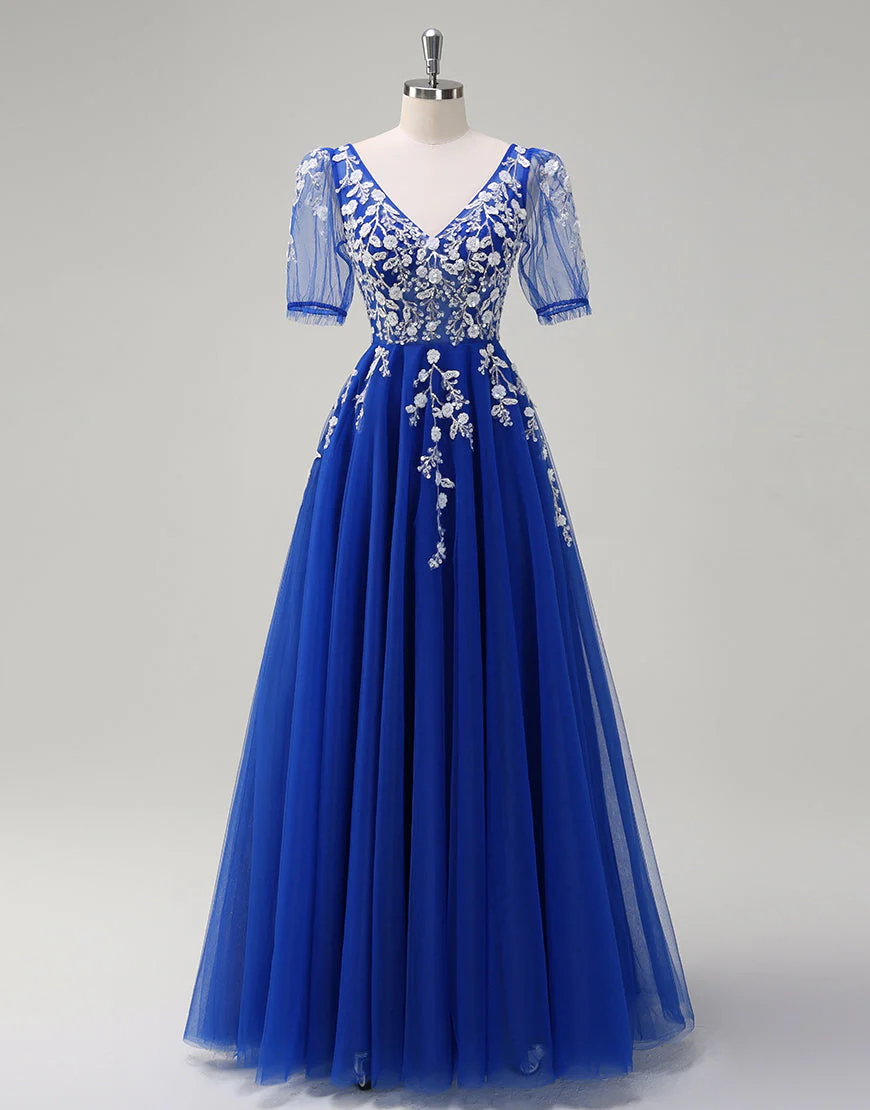 Robe de bal longue en dentelle à col en V et coupe A-Line Blush – Image 8