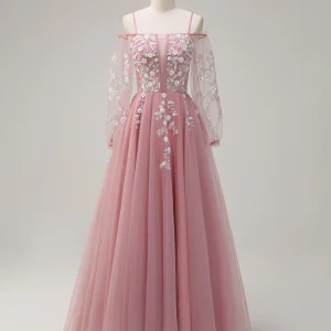 Robe de bal trapèze en tulle à manches longues et spaghetti avec appliques