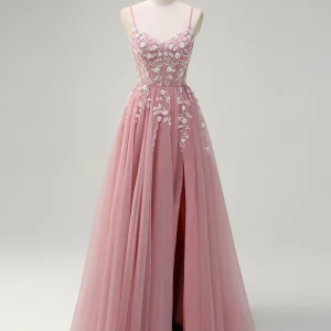 Robe de bal trapèze en tulle avec appliques spaghetti et fente