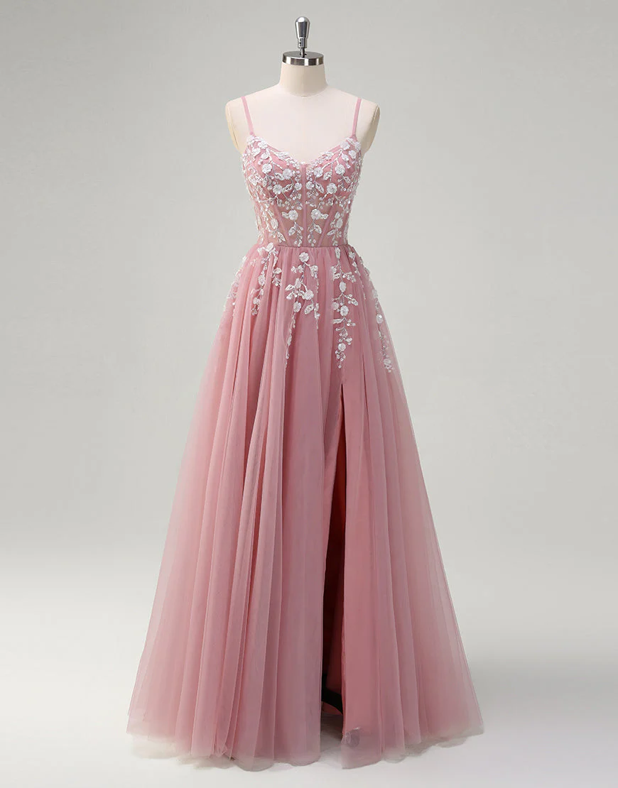 Robe de bal trapèze en tulle avec appliques spaghetti et fente