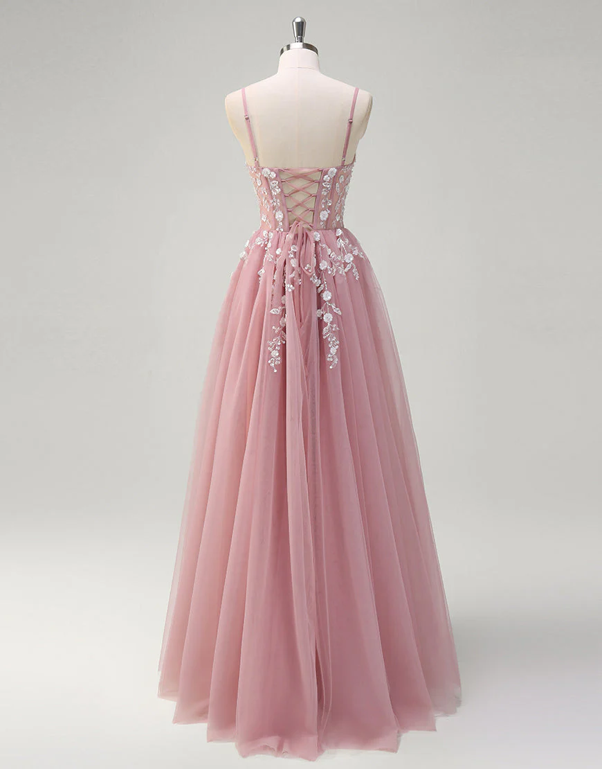 Robe de bal trapèze en tulle avec appliques spaghetti et fente – Image 3