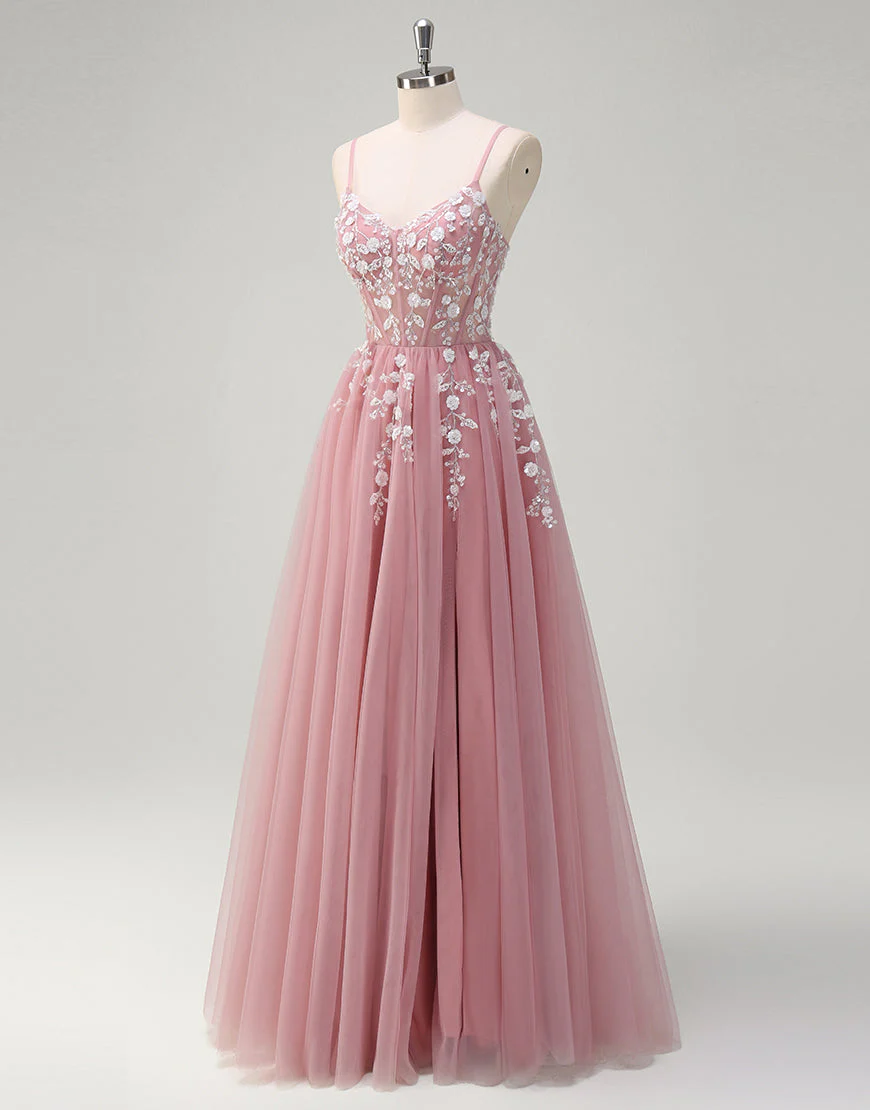 Robe de bal trapèze en tulle avec appliques spaghetti et fente – Image 4