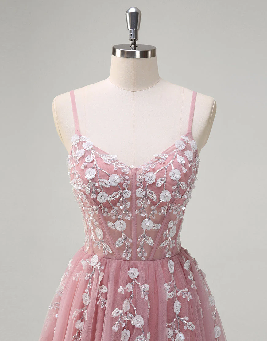 Robe de bal trapèze en tulle avec appliques spaghetti et fente – Image 5