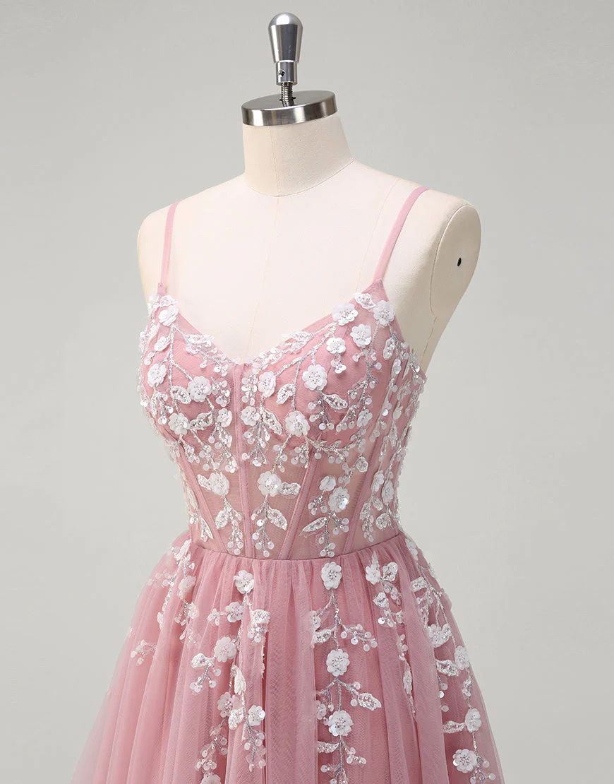 Robe de bal trapèze en tulle avec appliques spaghetti et fente – Image 7