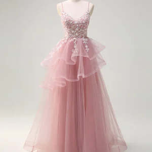 Robe de bal trapèze en tulle à fines bretelles gris-rose