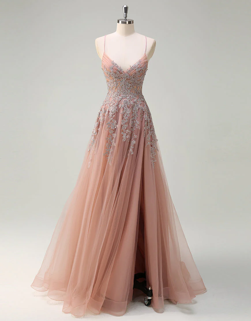 Robe de bal trapèze en tulle blush avec appliques en dentelle spaghetti – Image 2