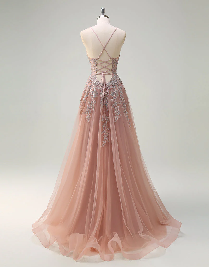 Robe de bal trapèze en tulle blush avec appliques en dentelle spaghetti – Image 3