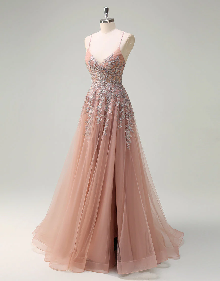 Robe de bal trapèze en tulle blush avec appliques en dentelle spaghetti – Image 4