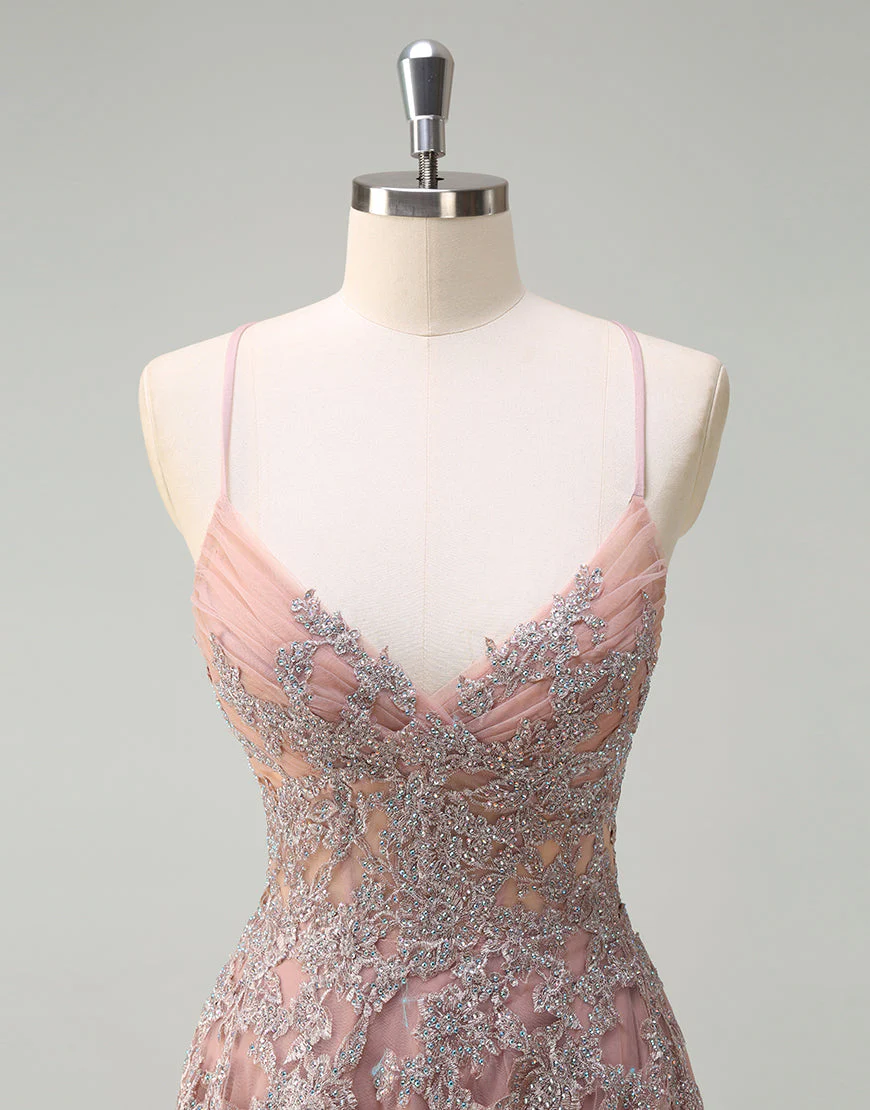 Robe de bal trapèze en tulle blush avec appliques en dentelle spaghetti – Image 5