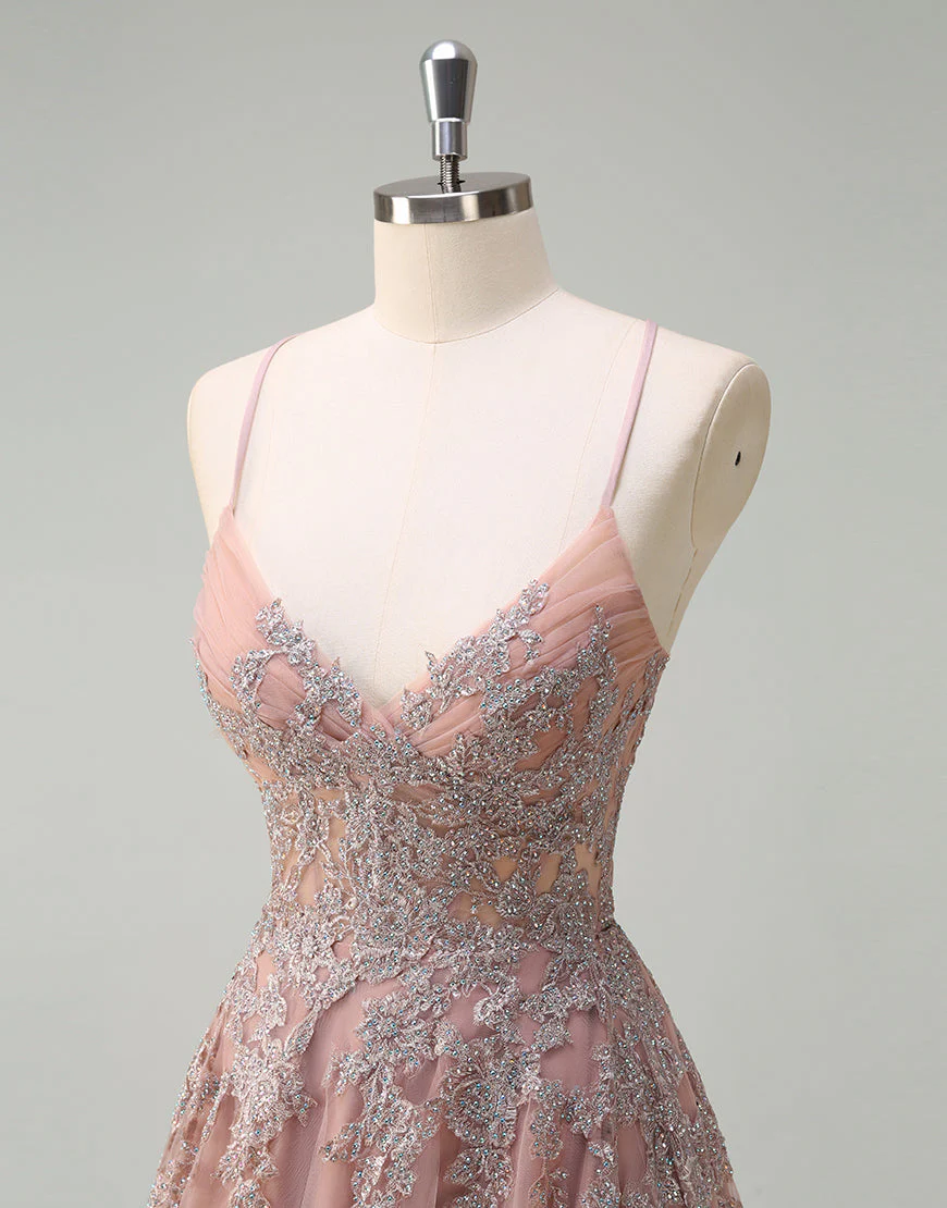 Robe de bal trapèze en tulle blush avec appliques en dentelle spaghetti – Image 6