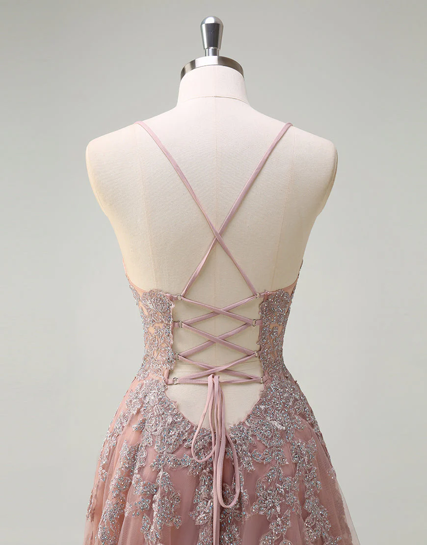 Robe de bal trapèze en tulle blush avec appliques en dentelle spaghetti – Image 7
