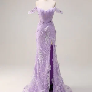 Robe de bal sirène sans bretelles avec fleurs 3D et fente en dentelle