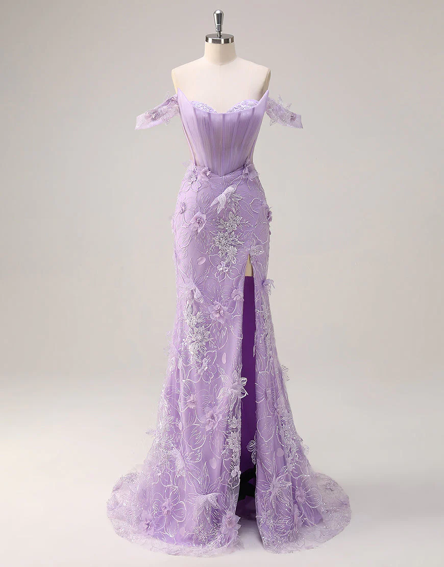 Robe de bal sirène sans bretelles avec fleurs 3D et fente en dentelle