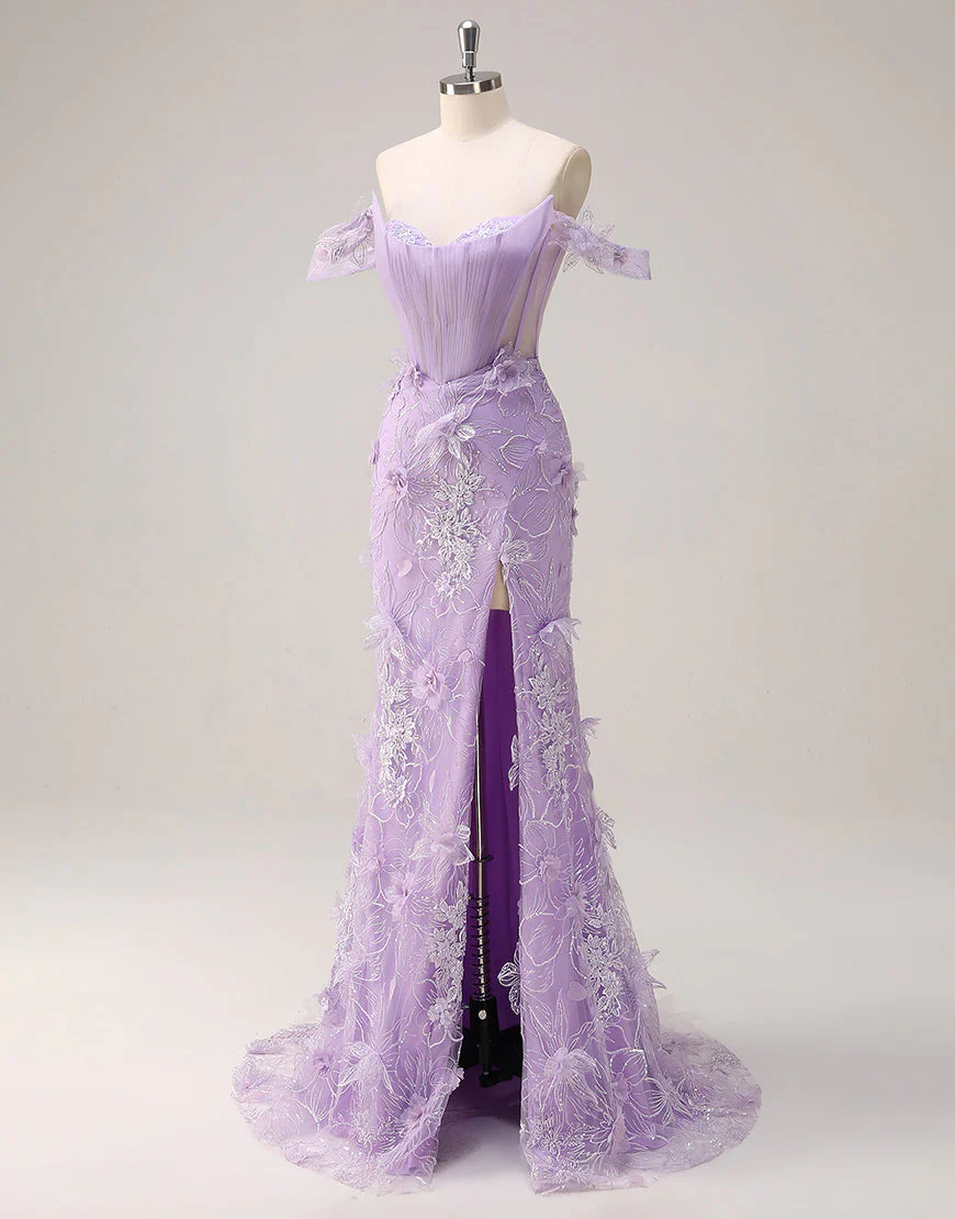 Robe de bal sirène sans bretelles avec fleurs 3D et fente en dentelle – Image 4